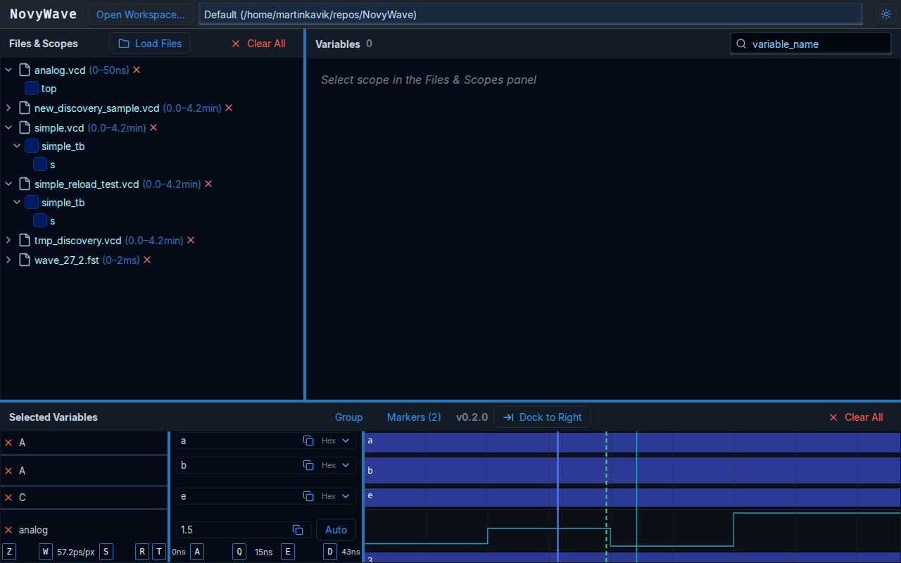 NovyWave interface showing three panels with loaded waveform files and signal traces
